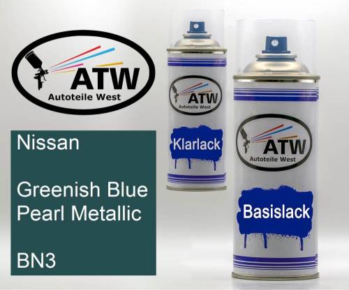 Nissan, Greenish Blue Pearl Metallic, BN3: 400ml Sprühdose + 400ml Klarlack - Set, von ATW Autoteile West.